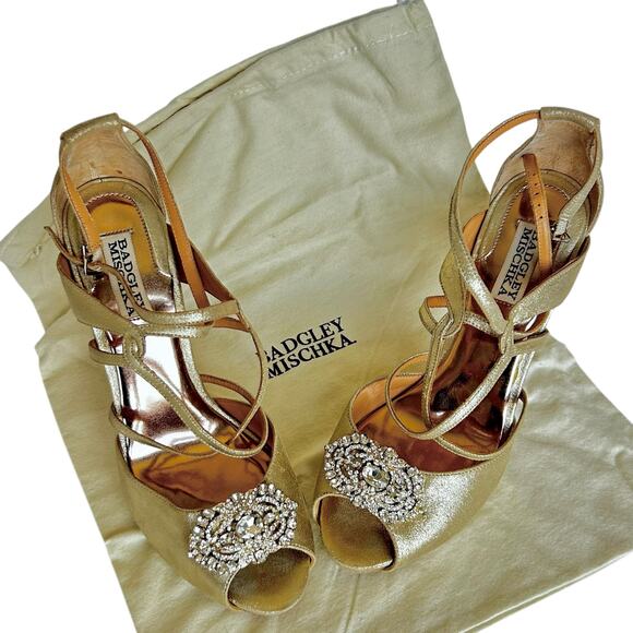 BADGLEY MISCHKA Shimmer Gold FISHER II Rhinestone Heeled Sandals Sz 9 - Picture 2 of 9